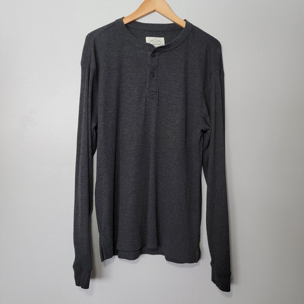 St Johns Bay Henley Thermal Shirt Mens L Charcoal Casual Preppy Winter Layer